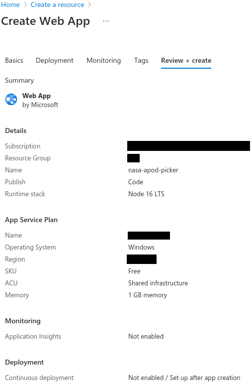 Azure create Web App