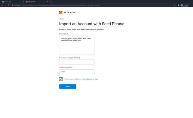 Metamask: import seed